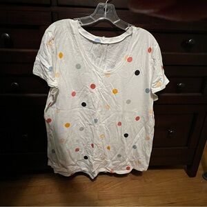 LOFT Outlet White Polka Dot Blouse – Scoop Neck, Short Sleeve, Size XL